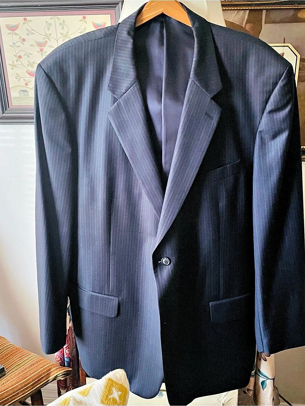 Turnbury Men's Blue Pinstripe Blazer 48L sport coat 100% Wool Jacket